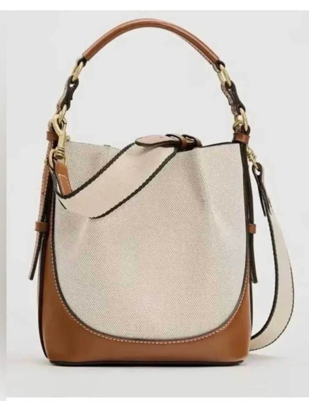 Zara Cream Canvas Shoulder Bag with Brown Leather Trim